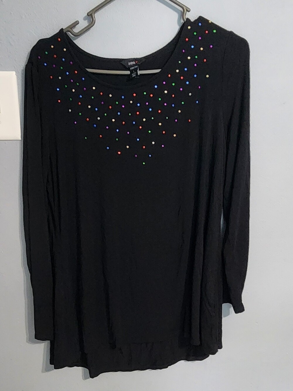 Black Long-Sleeve Embellished Neckline Top